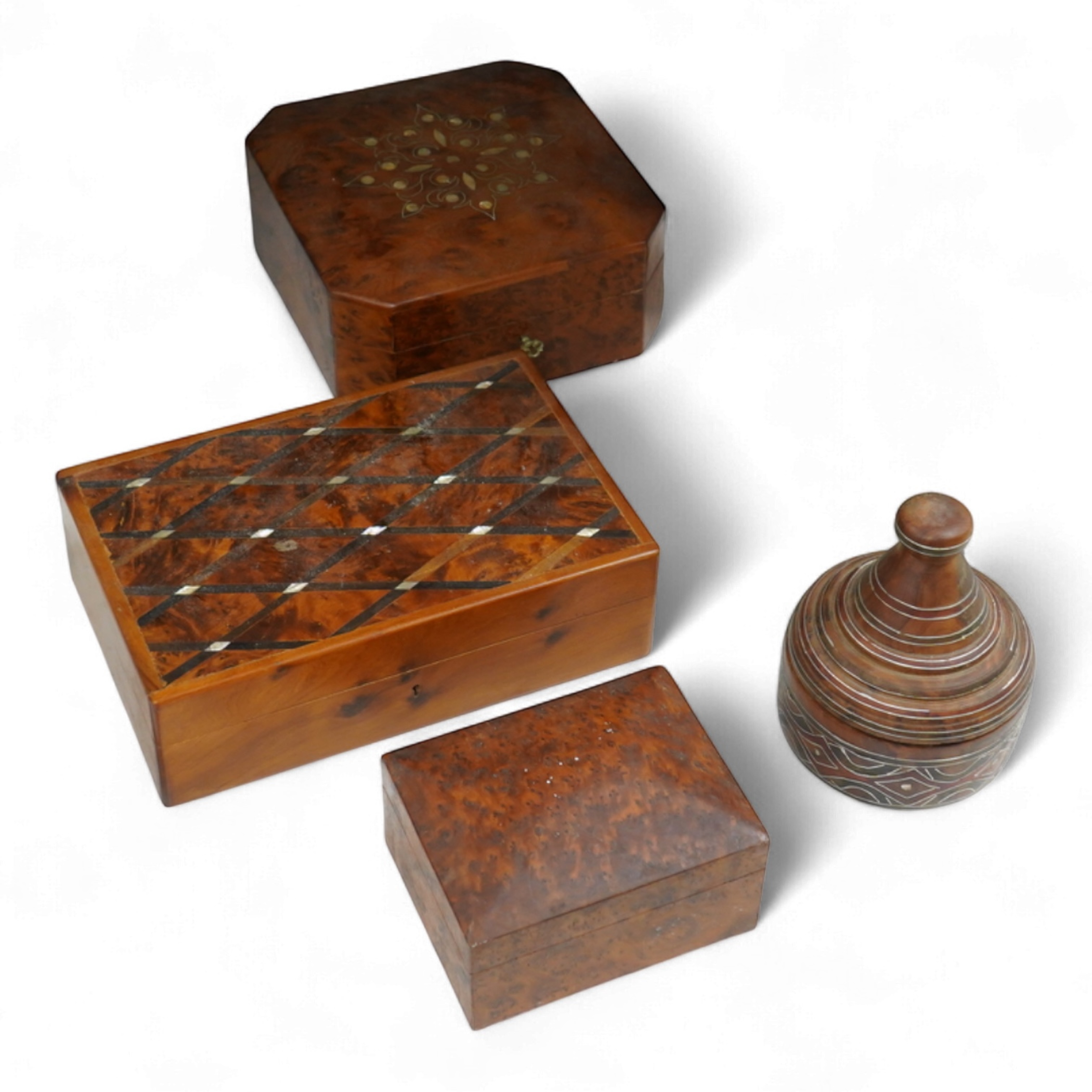 A collection of assorted 20th century yew wood boxes